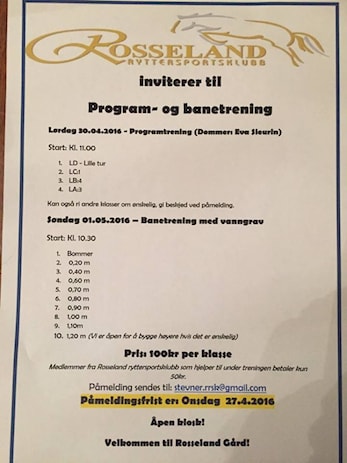 Velkommen til banetrening i Dressur og Sprang(med vanngrav) hos oss på Rosseland :) ALLE er velkomne, også dere fra andre klubber :)